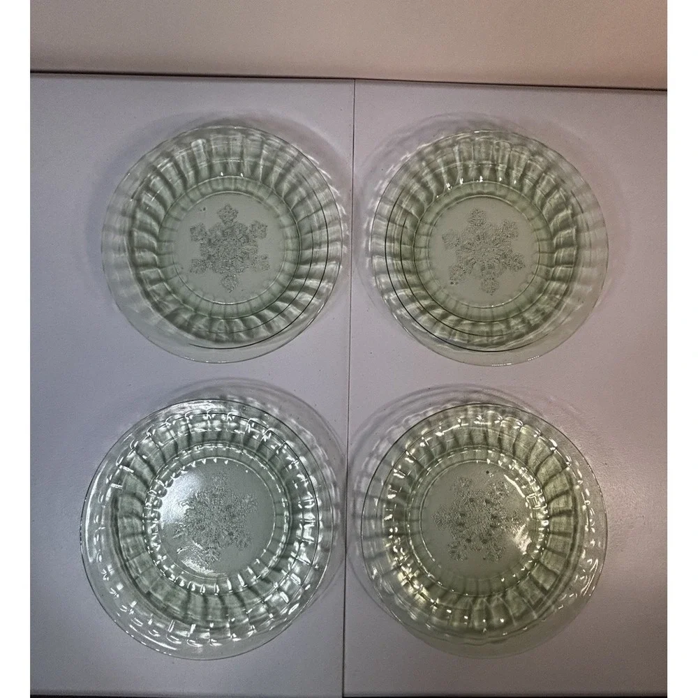 Jeannette Uranium Glass 4pc Snowflake Block Optic Dinner Plates 1930-36 USA 9